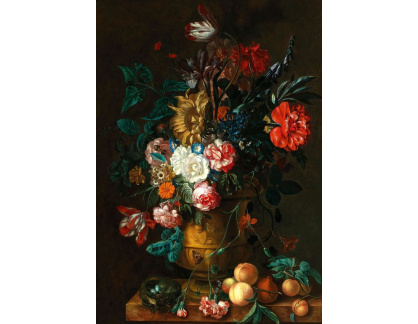 A-2862 Jacob van Huysum - Smíšené květiny ve vyřezávané váze s ovocem a ptačím hnízdem na římse