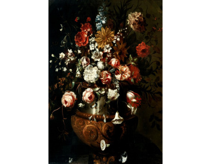 A-2933 Neznámý autor - Růže, karafiáty, slunečnice a další květiny v bronzové váze