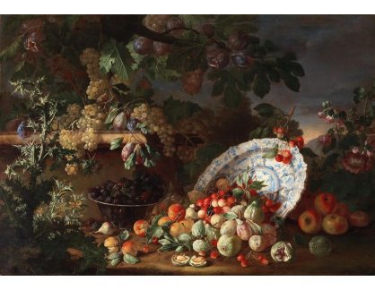 DDSO-4624 Bartolomeo Bimbi - Třešně, fíky, ostružiny, porcelánový talíř a bodlák v krajině