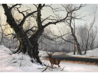 A-4402 Nils H. Christiansen - Zimní les s potokem a jelenem