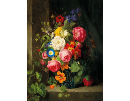 A-4613 Josef Lauer - Velké květinové zátiší s růžemi, lichořeřišnicemi a motýly