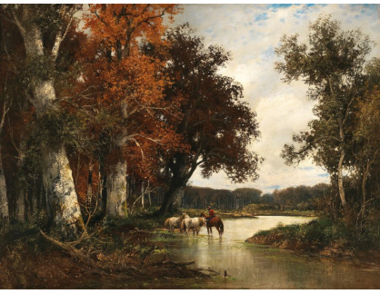 A-5032 Adolf Kaufmann - Podzimní lesní potok s jezdci a koňmi