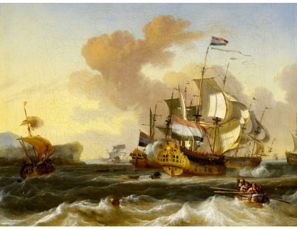 A-5128 Hendrik Rietschoof - Holandská vlajková loď a další plavidla u skalnatého pobřeží