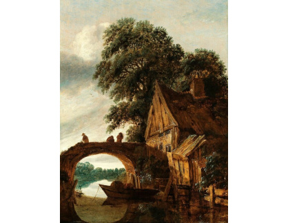 A-5582 Cornelis Decker - Říční krajina s chatou a mostem