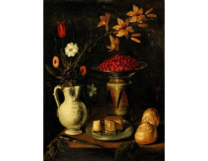 A-5621 Neznámý autor - Lilie, narcisy, tulipán a další květiny v malované keramické váze
