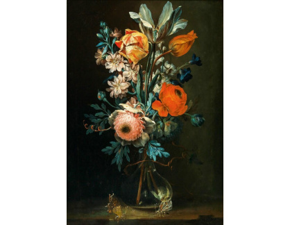 A-5743 Ignaz Stern - Pivoňky, tulipány a další květiny ve skleněné váze na kamenné římse se dvěma motýly