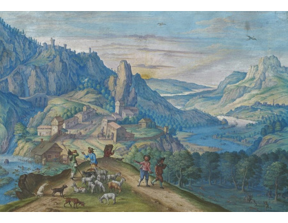A-7503 Johann Jacob Besserer - Horská krajina za soumraku s údolím řeky a postavami
