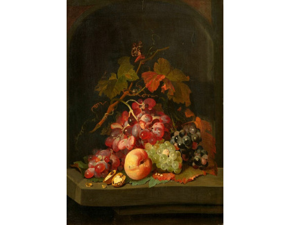 A-7707 Abraham Mignon - Zátiší z ovoce s hrozny, broskve a ořech v kamenném výklenku