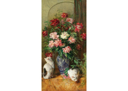 A-8134 Josef Jungwirth - Velké květinové zátiší s pivoňkami ve váze a dvěma kočkami