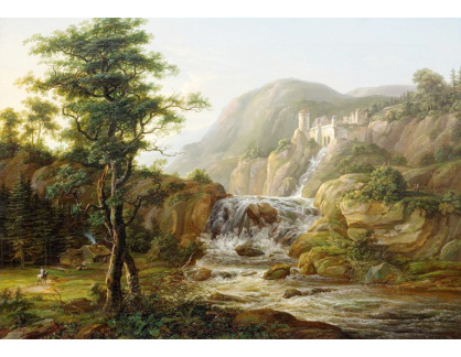 DDSO-3792 Johan Christian Dahl - Horská krajina s vodopádem, hradem a cestovatelem na koni před chatou