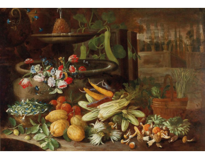 DDSO-4957 Francesco della Questa - Zátiší s květinami, ovocem a zeleninou u fontány v zahradě
