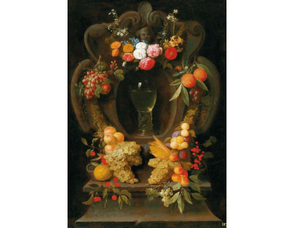 DDSO-5457 Jacob Fopsen van Es - Zátiší z ovoce a květin obklopující kartuší se sklenici vína