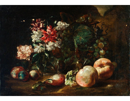 D-5981 Neznámý autor - Váza s květinami, broskvemi, hrozny a švestkami
