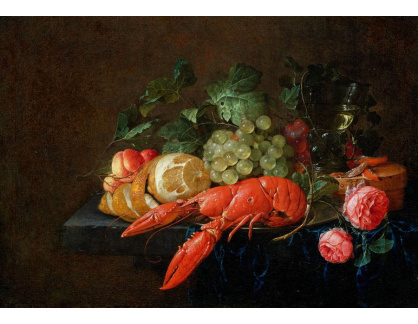 D-6607 Cornelis de Heem - Zátiší s humrem, růžemi, rumem a citronem na kamenném soklu