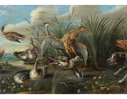 D-6660 Jan Kessel - Hejno ptáků u jezera překvapené psy