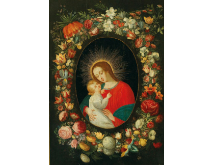 D-8649 Jan Brueghel - Madona a dítě v kartuši orámované květinovým věncem