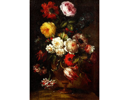D-9038 Bartolomeo Bimbi - Zátiší s květinami, růžemi, karafiáty, sasankami a hyacintem v kovové váze