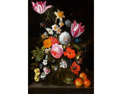 D-9126 Jan de Heem - Květiny ve skleněné váze na kamenné desce s hmyzem a meruňkami