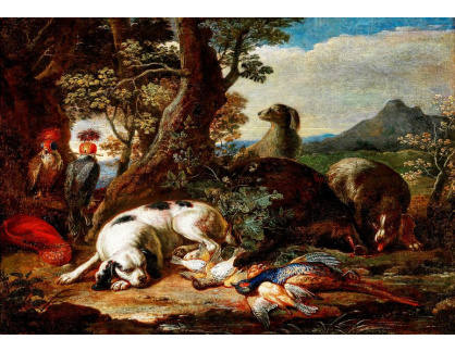 D-9611 Neznámý autor - Sokol a lovecký pes s ulovenou zvěří v lesní krajině