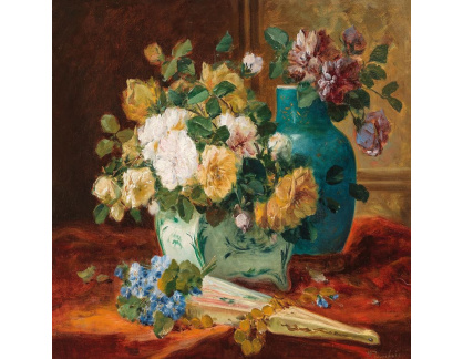 D-9789-1 Eugene Henri Cauchois - Bohaté květinové zátiší s růžemi ve váze a vějířem
